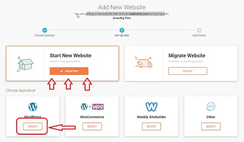 Select Start New Website and WordPress on SiteGround