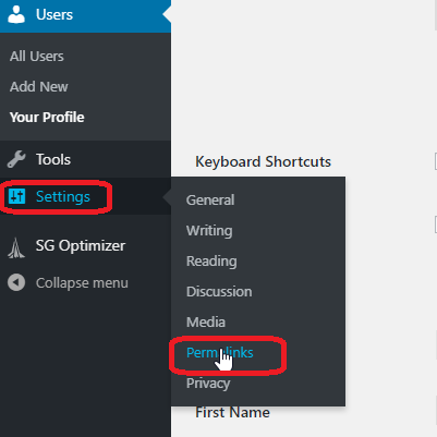 Go to Settings on the left hand side menu then select Permalinks in your WordPress Admin
