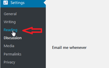 Click on the Reading link under settings in WordPress admin.